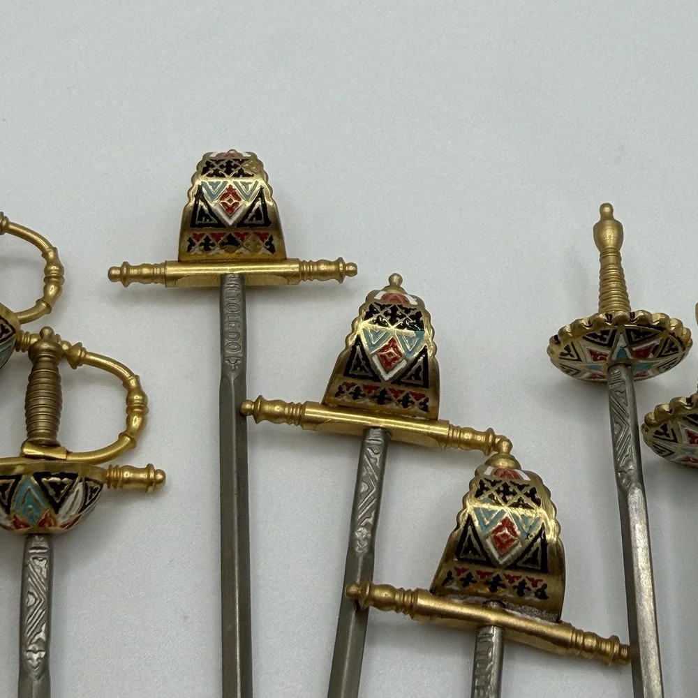 Vintage Toledo Sword Cocktail Toothpick Stand w/ 8 Swords Vintage Gold Spain